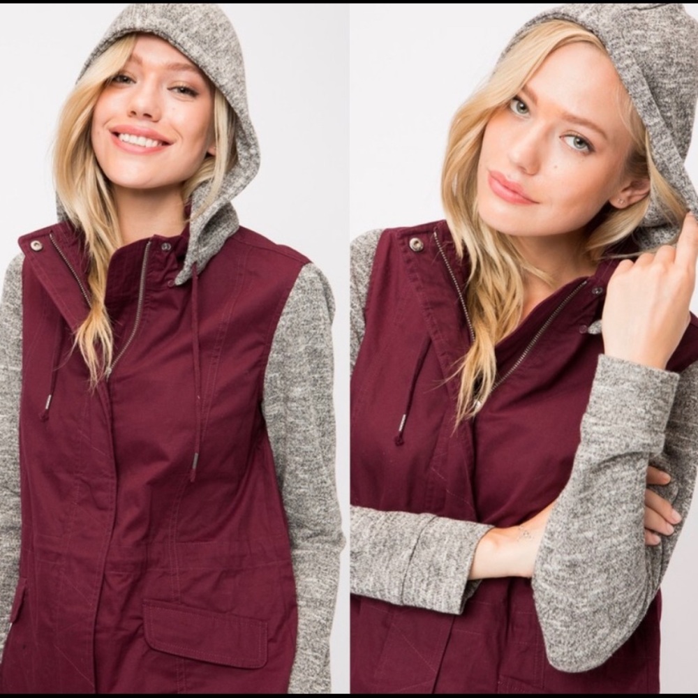 Wine colored utility coat with grey hood/sleeves